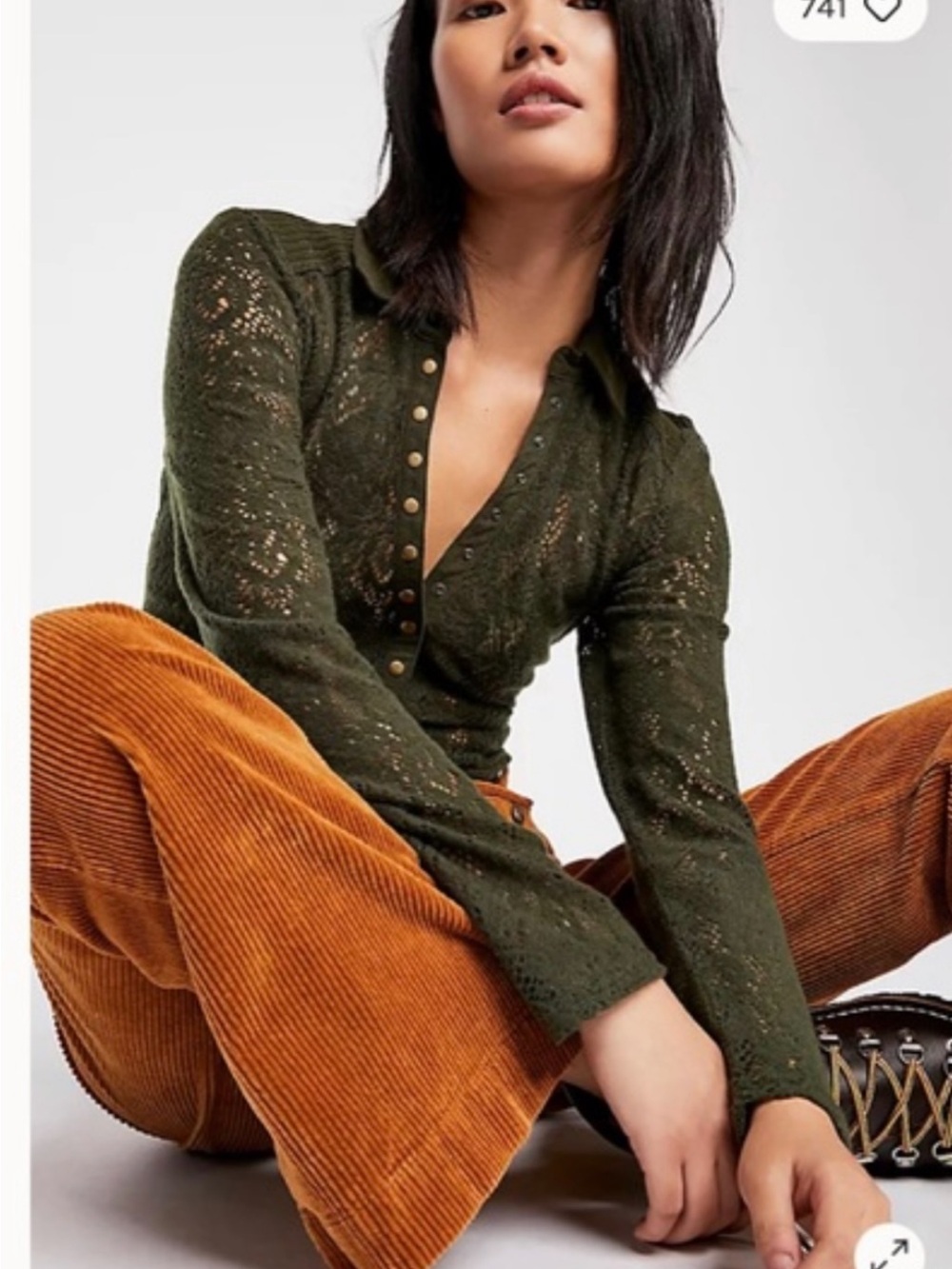 Free People Olive Green Lace Button-Front Polo Shirt - Picture 2 of 6